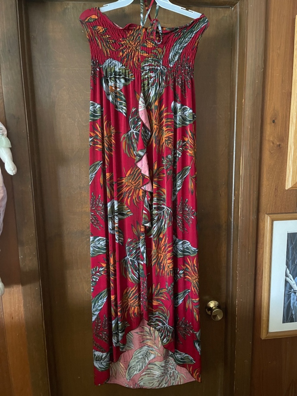 Red Tropical Print Smocked High Low Dress